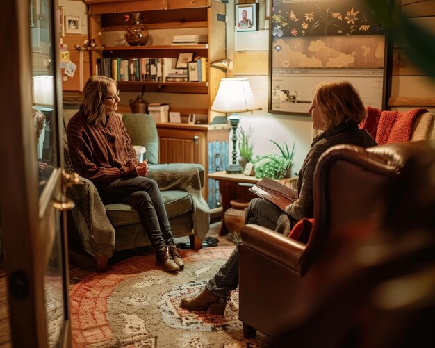 Photo therapist conducts cozy psychotherapy session with client in comfortable and private office setting