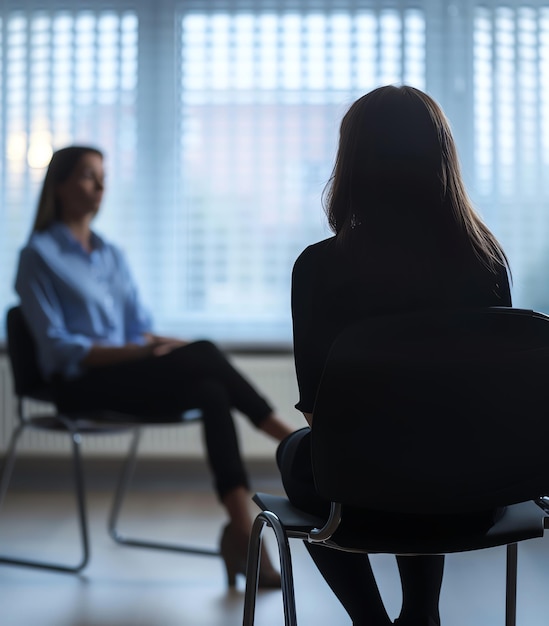 Photo a therapist and patient engaged in a counseling session seated in a bright room with large windows emphasizing a professional and supportive environment