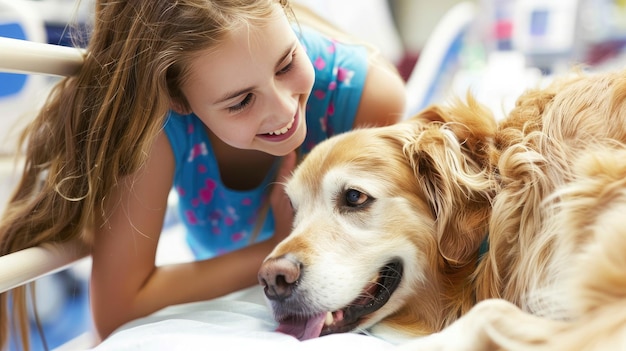 Photo therapy dog training session with young girl for hospital help