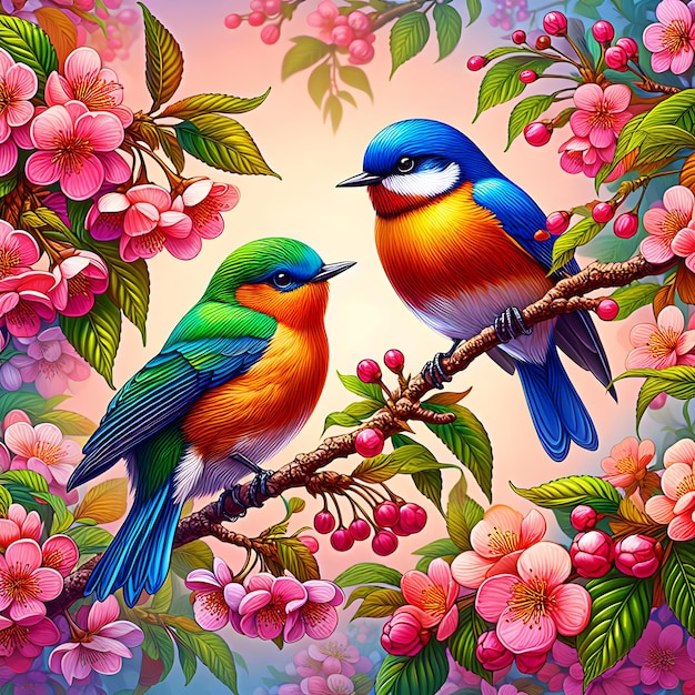 There Are Birds Sitting On a Branch Tropical Birds Painting Style Background