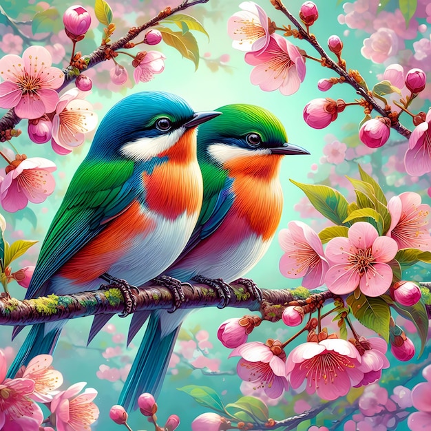 There Are Birds Sitting On a Branch Tropical Birds Painting Style