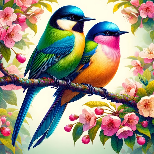 There Are Birds Sitting On a Branch Tropical Birds Painting Style