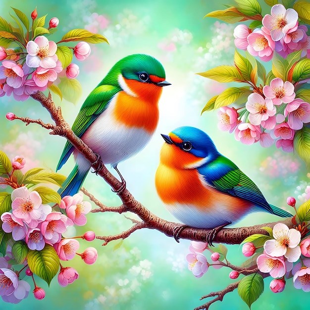 There Are Birds Sitting On a Branch Tropical Birds Painting Style