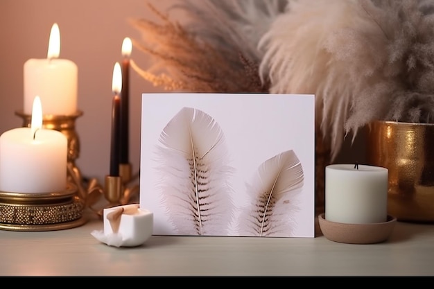 There are candles and a card on a table with a candle generative ai