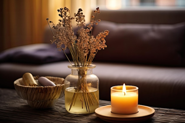 There are candles and a scented reed freshener placed on a table in a spa salon providing room for