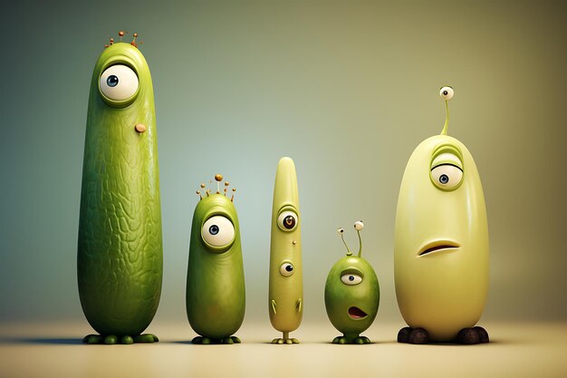 Photo there are five different types of pickles with eyes and mouths