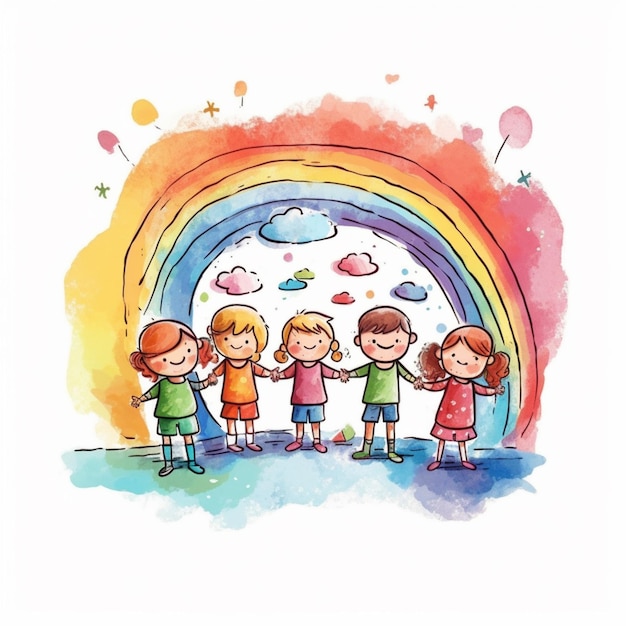 There are four children standing in front of a rainbow generative ai