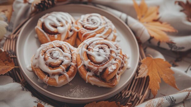 there are four cinnamon rolls on a plate with icing on them generative ai