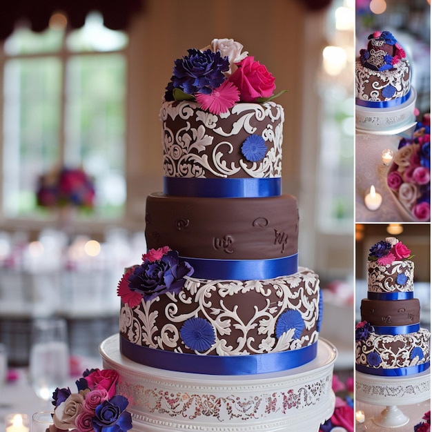 there are four different pictures of a wedding cake with blue and pink flowers generative ai