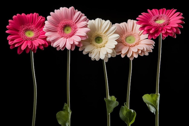 There are four different types of flowers that are on the same stem