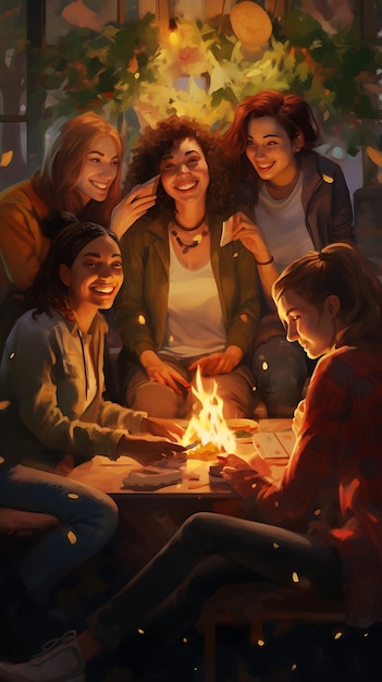 Photo there are four girls sitting around a table with a fire