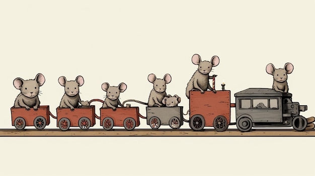 there are four mice riding on a train with a car generative ai