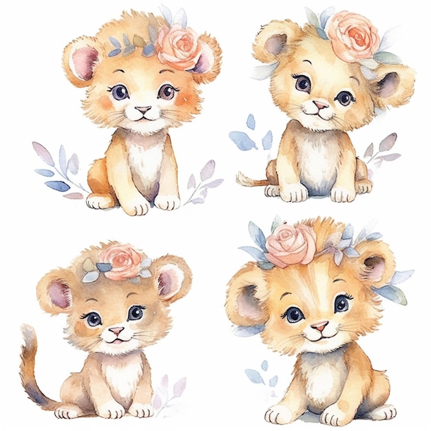 There are four pictures of a lion cub with flowers on its head generative ai