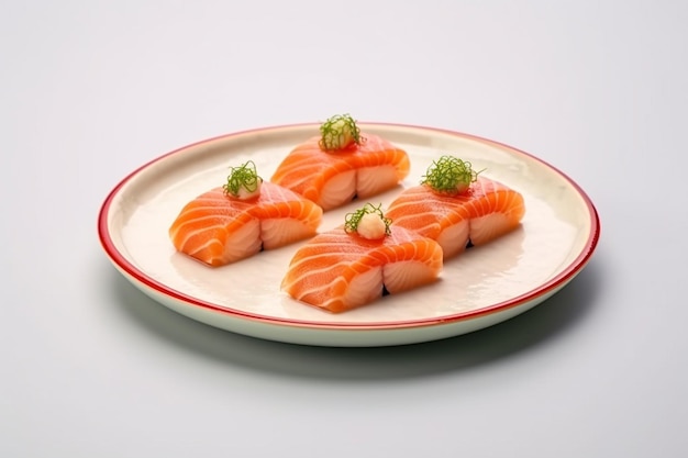 there are four pieces of salmon on a plate with a green garnish generative ai