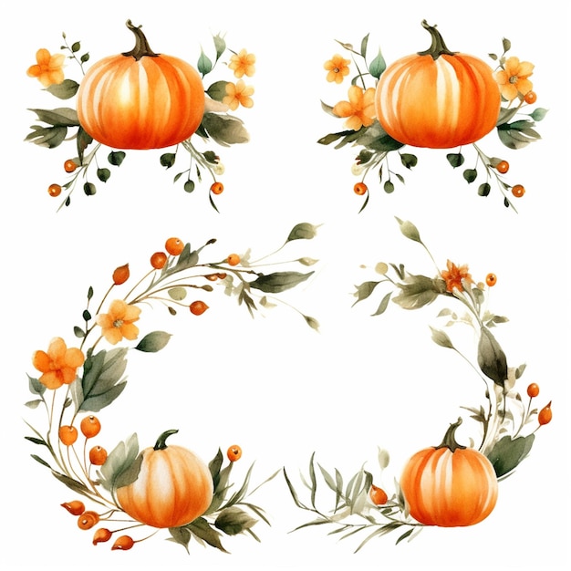 There are four pumpkins and flowers arranged in a circle generative ai