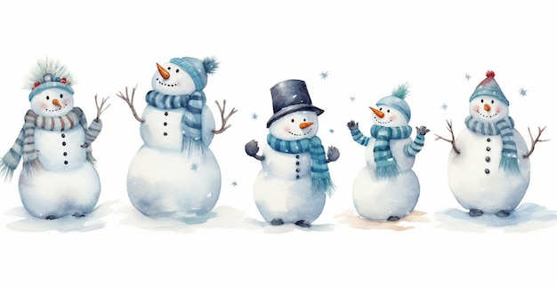 There are four snowmen that are standing in the snow generative ai