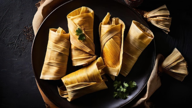 there are four tamales on a plate with a side of salsa