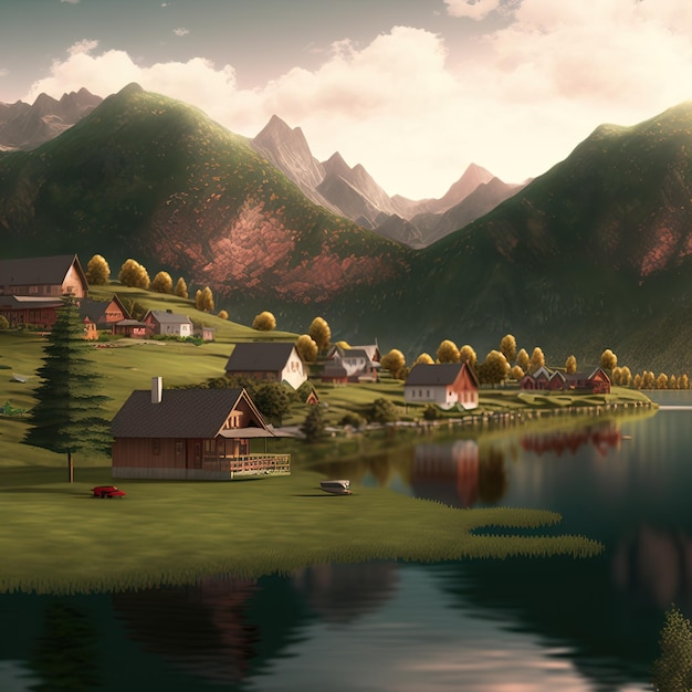 There are houses in the valley of the mountains The houses were 3d rendering. raster illustration