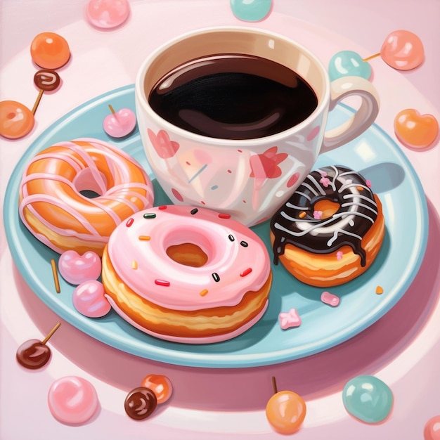 there are a lot of donuts and a cup of coffee on a plate generative ai