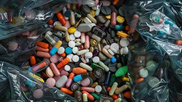 There are a lot of expired pills and medicines in the garbage bagTop view The concep Generative AI