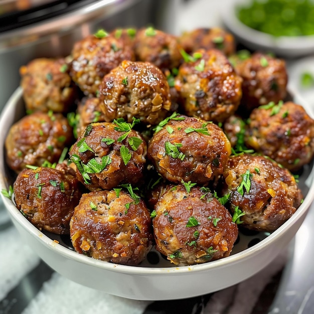 there are a lot of meatballs in a bowl on a table generative ai