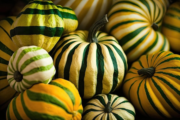 There are a lot of striped yellow and green squashes for the Carnival