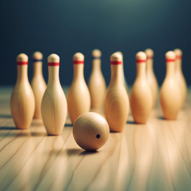 There are a lot of wooden bowling pins and a ball on the floor generative ai