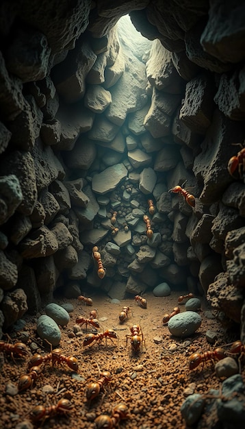 There are many ants walking through a cave in the dirt