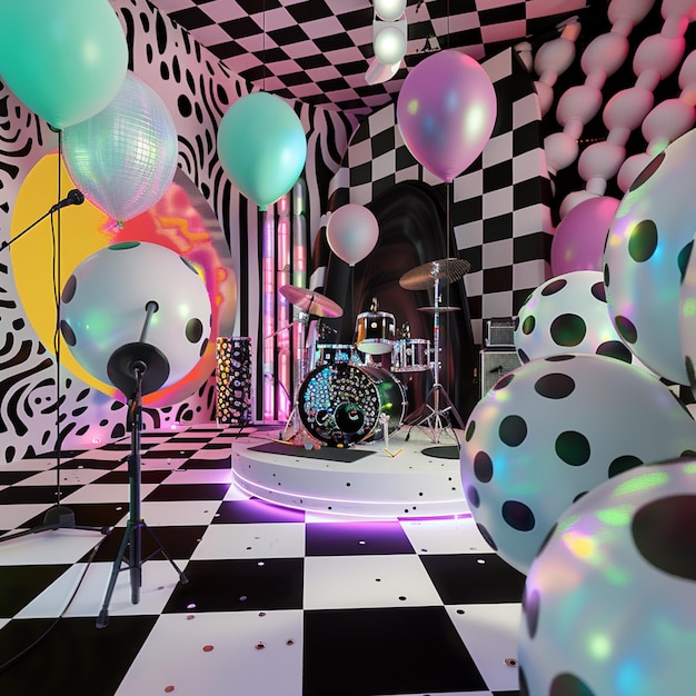 Photo there are many balloons and a drum set up in a room generative ai