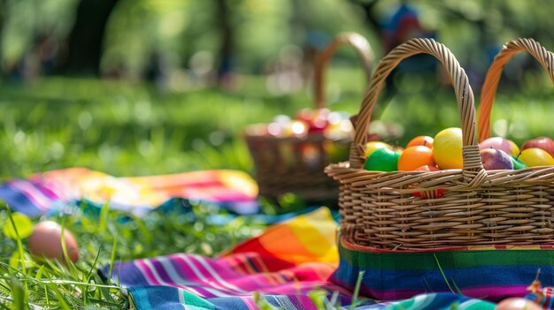 there are many baskets of eggs on the grass with a blanket generative ai