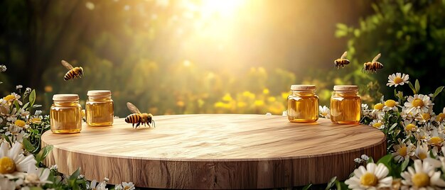 Photo there are many bees flying around a wooden table with jars of honey