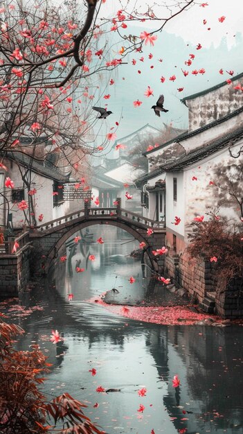 there are many birds flying over a river with a bridge generative ai