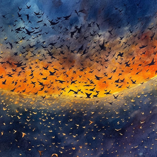 There are many birds flying in the sky at sunset generative ai