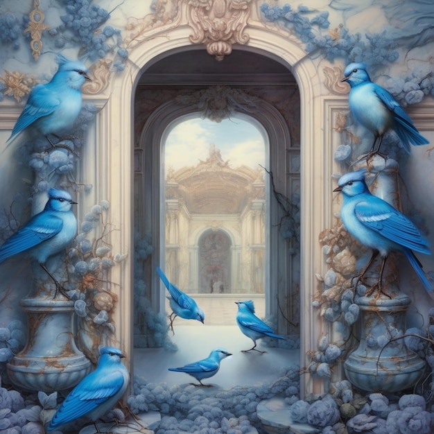 There are many blue birds sitting on a ledge in a doorway generative ai