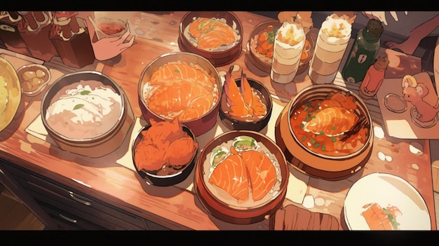 There are many bowls of food on a table with a mouse generative ai