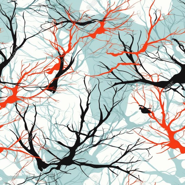 There are many branches with red leaves on them on a blue background generative ai