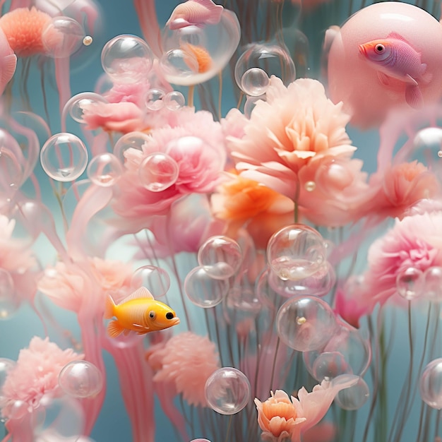 There are many bubbles floating in the air with a fish in the middle generative ai