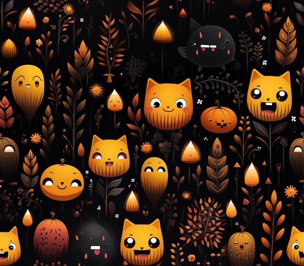 there are many cats and pumpkins in a field of leaves generative ai