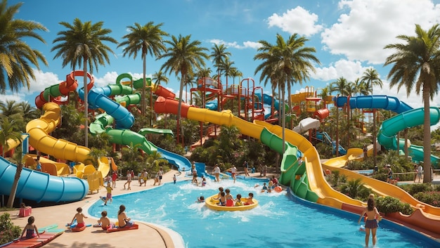 There are many colorful waterslides and people playing in the water at a waterpark