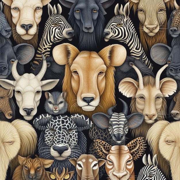 there are many different animals that are grouped together in this picture generative ai