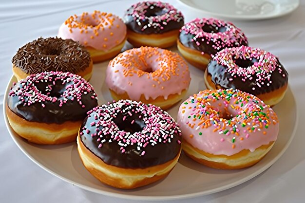 There are many different colored donuts with sprinkles on them