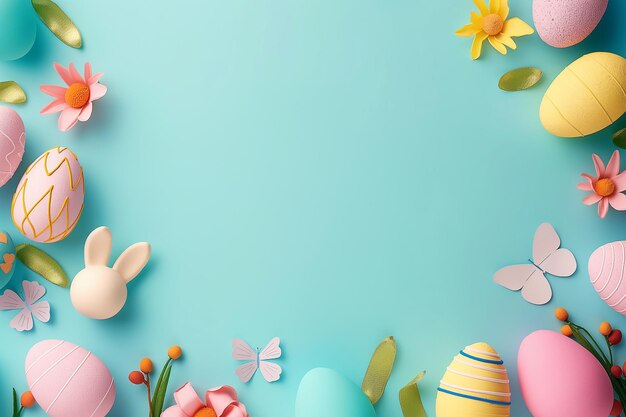 there are many different colored easter eggs and flowers on a blue background generative ai