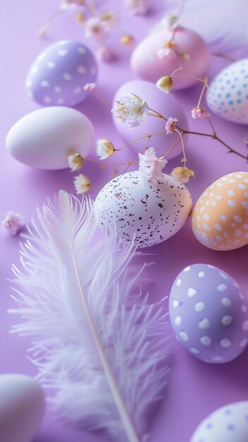 there are many different colored eggs and a feather on a purple surface generative ai