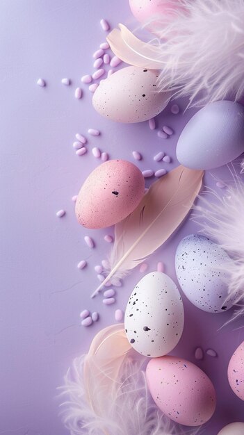 there are many different colored eggs and feathers on a purple surface generative ai