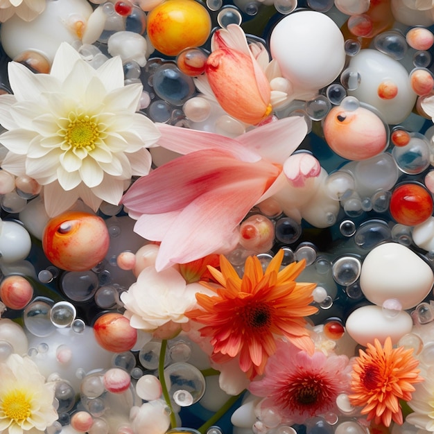 There are many different colored flowers and eggs in the water generative ai