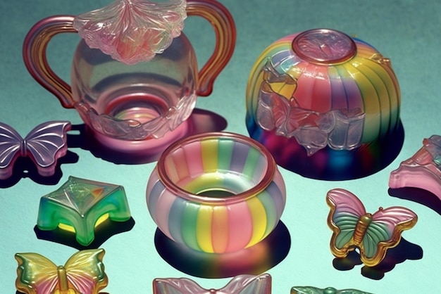 There are many different colored glass items that on display generative ai