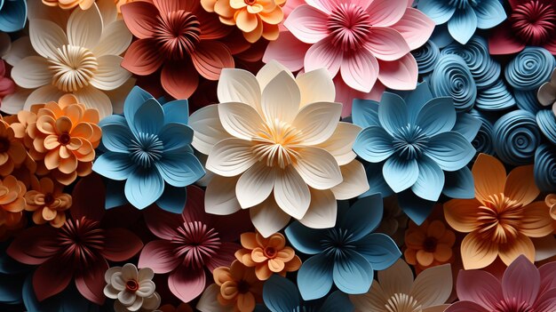 There are many different colored paper flowers arranged together generative ai