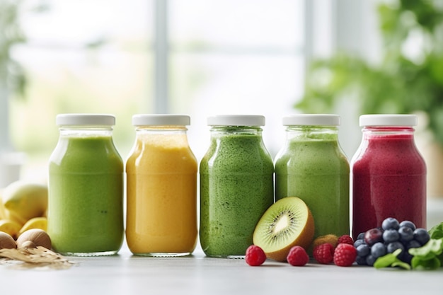 there are many different colored smoothies in glass bottles on the counter generative ai