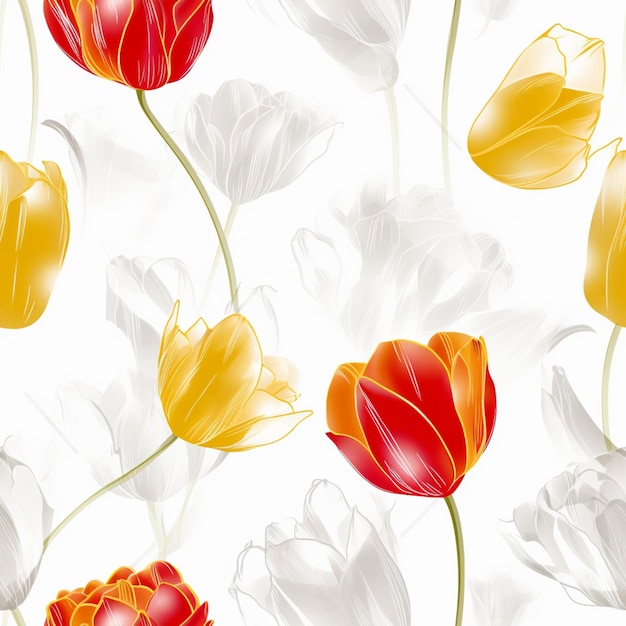 There are many different colored tulips on a white background generative ai