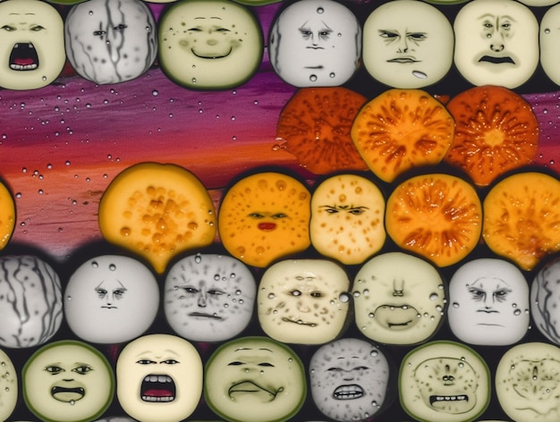 There are many different faces drawn on the fruit generative ai